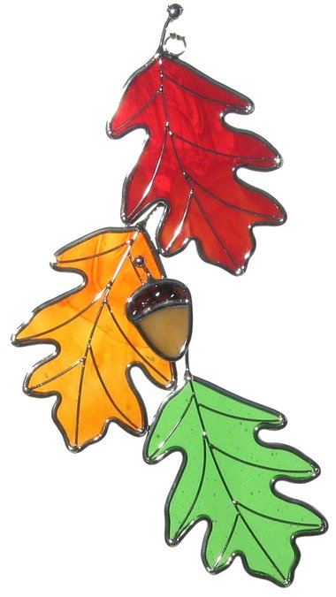 Oak Leaf with Acorns Stained Glass Suncatcher Green 